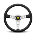 Racing Heritage gloss red horn button  progressive numbering  part number-V1968RHE35BKR  parallel white stitching  MOMO Racing Heritage Steering Wheels  MOMO hub kits  MOMO Heritage stacked logo  limited edition  laser mark on the back of the spoke  laser engraved aluminum plate  gloss red horn button  Ferrari and Porsche designs  extra-smooth black leather  dish 0mm horn  black leather