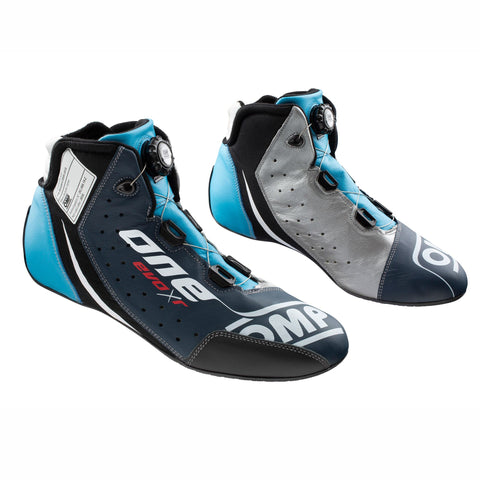 Sizes: 37-48  Rear bellow to increase comfort  Perforated leather for breathability  Part number: IC0-0805-B01  OMP EVO X-R Racing Shoes  Navy blue/silver/cyan  Miki-Motorsports  Micro adjustment ROTOR LACING  Lightweight and comfortable structure  Increased sensitivity on the pedal  High resistance and best grip  Fluo yellow  FIA 8856-2018 Approved  Colors: Black  Black/silver/red  Black/silver/fluo yellow